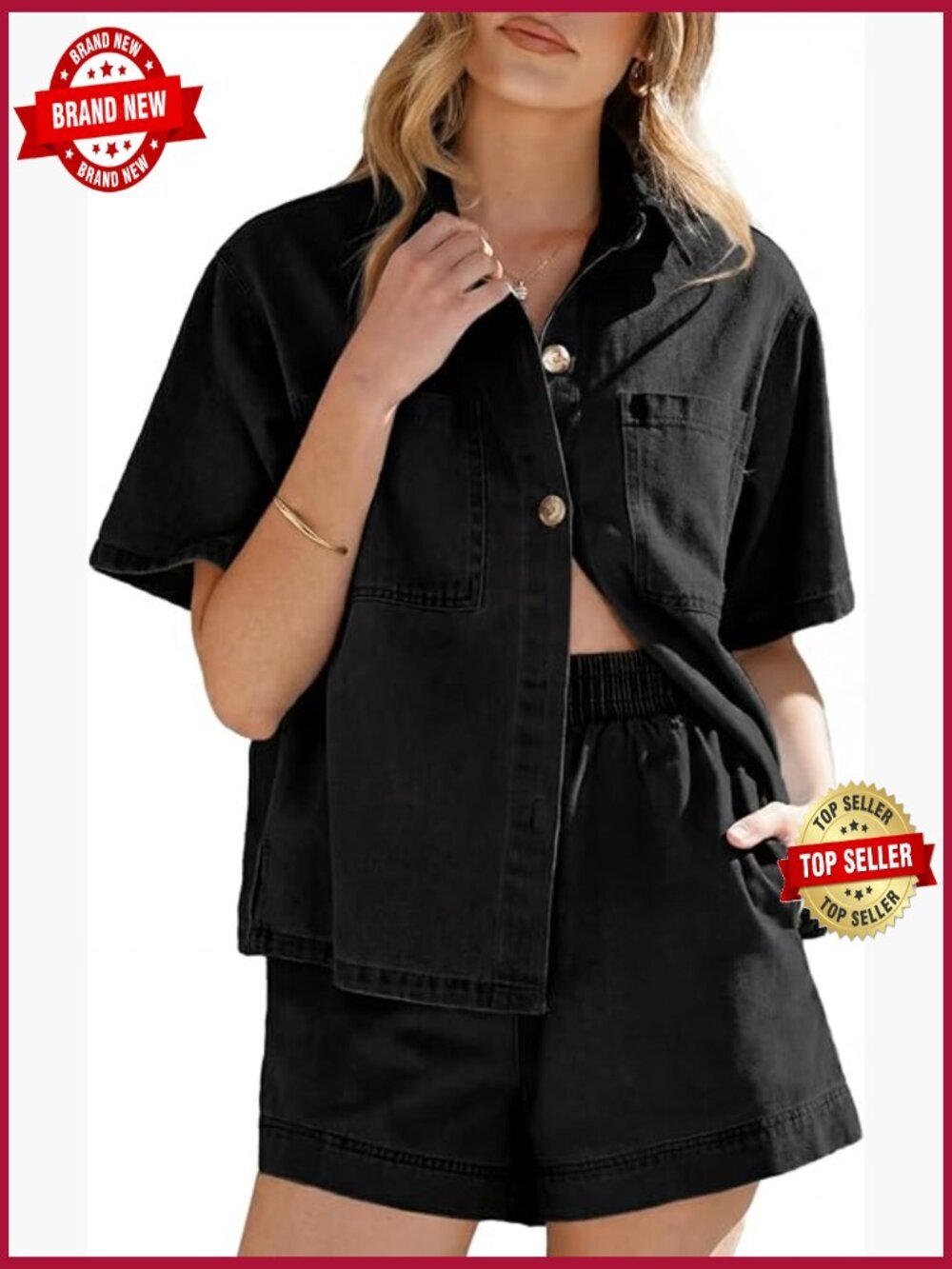 2 Piece Denim Short Set Button Down Shirt High Waisted Lounge Set
